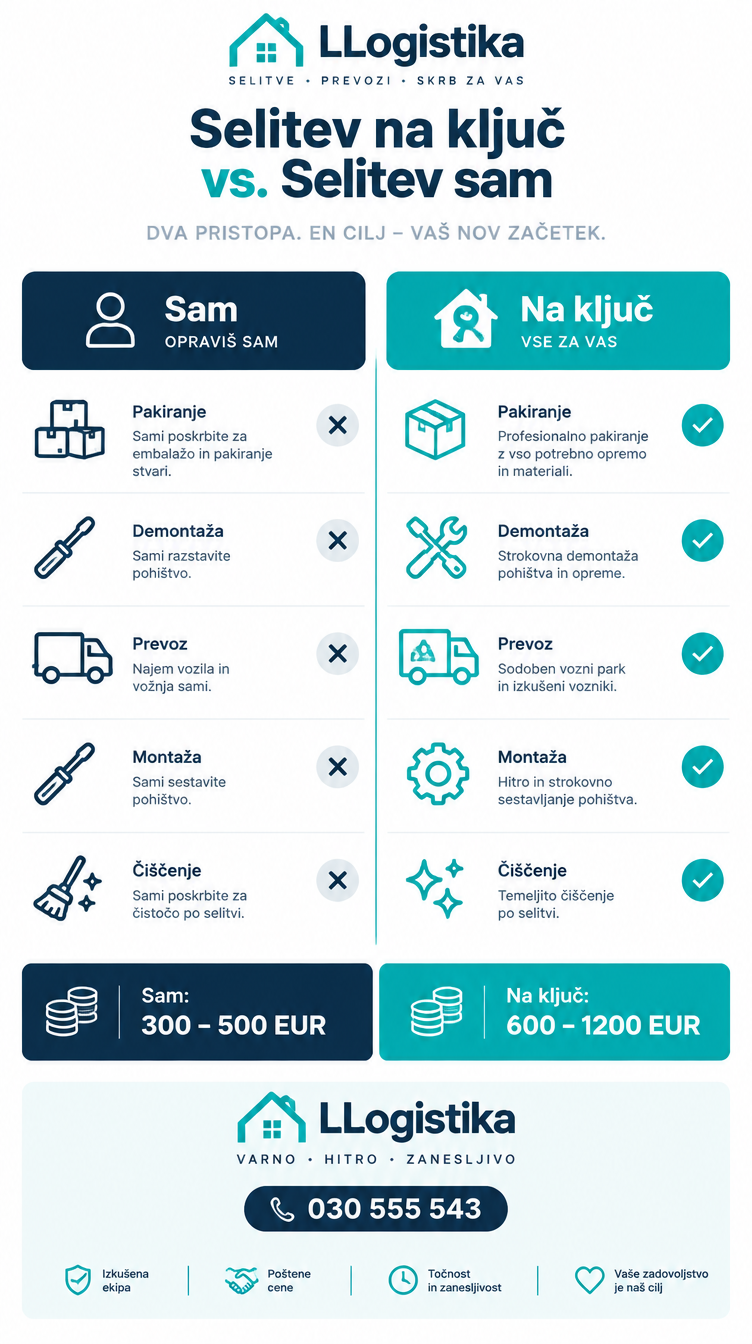Infografika: Selitev na ključ vs. selitev sam — primerjava stroškov in storitev v Ljubljani